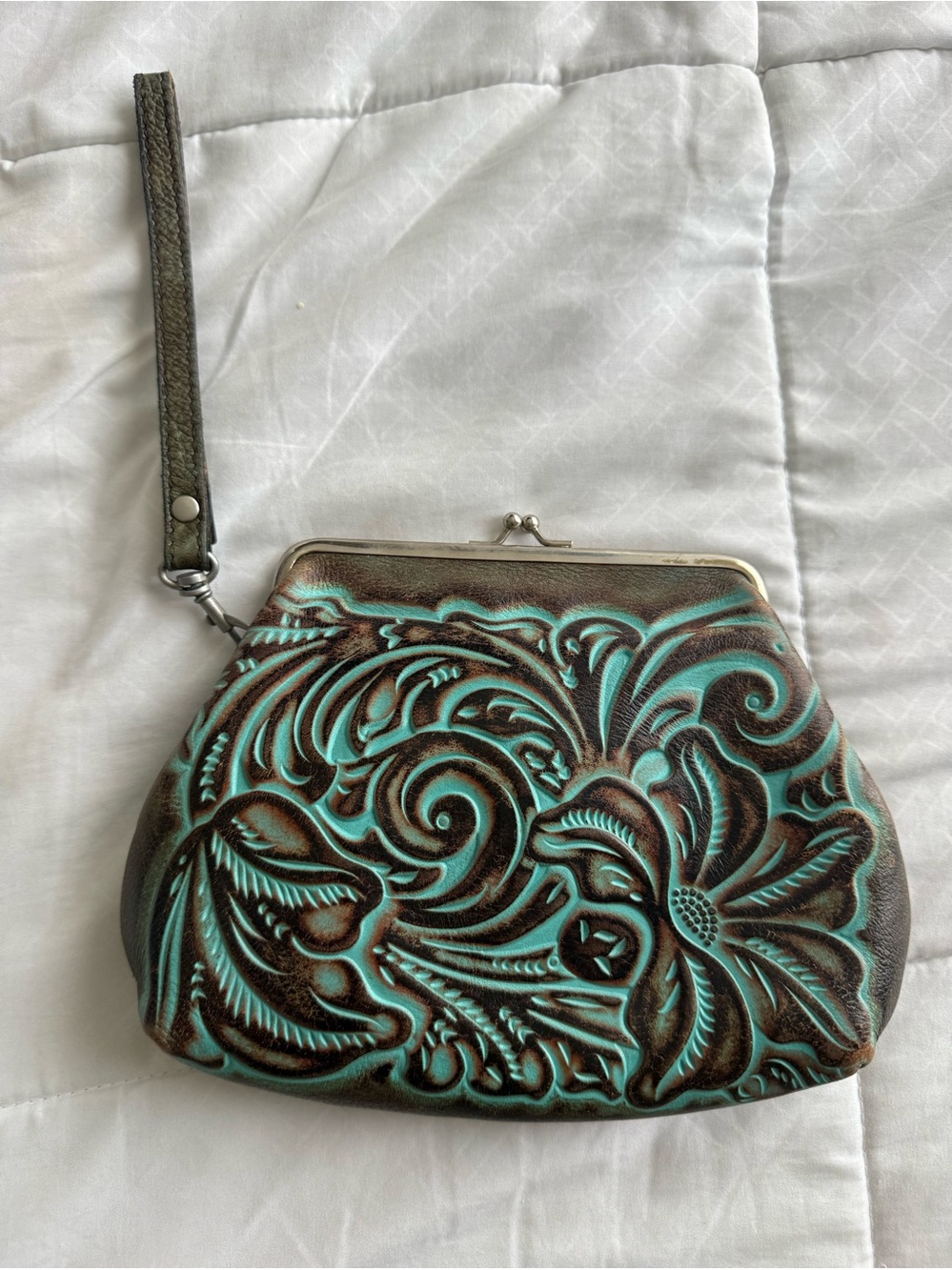 Patricia Nash Leather Tooled Wristlet Clutch in Turquoise and Brown